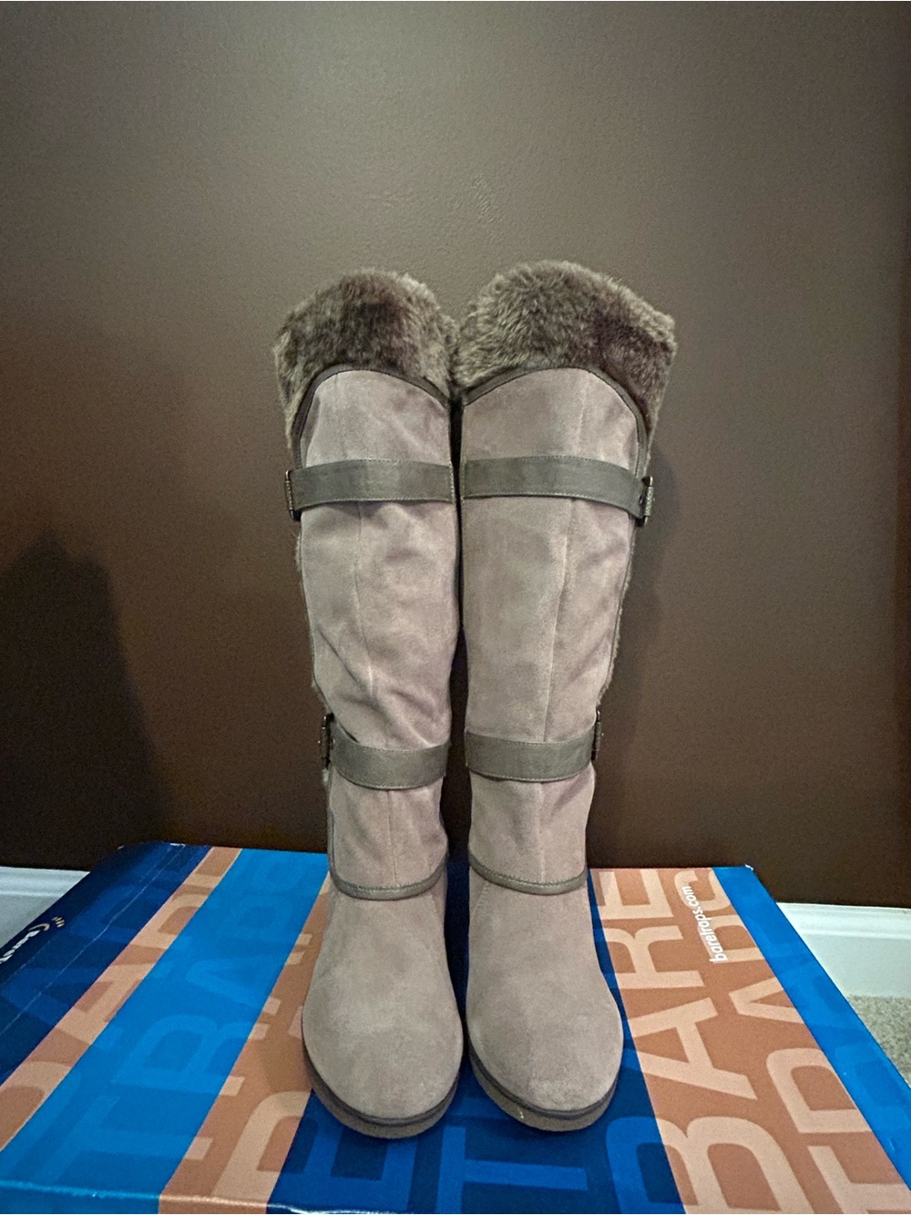 NIB BareTraps Aletta Faux Suede Faux Fur Lined Wedge Tall Boots Women's Size 8.5